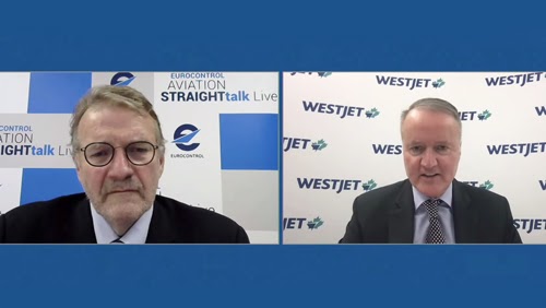 WestJet CEO Ed Sims (right) in conversation with host, Andrew Charlton, during Eurocontrol’s Aviation Straighttalk Live episode.