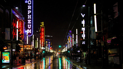The touristy Granville Street in Vancouver. 