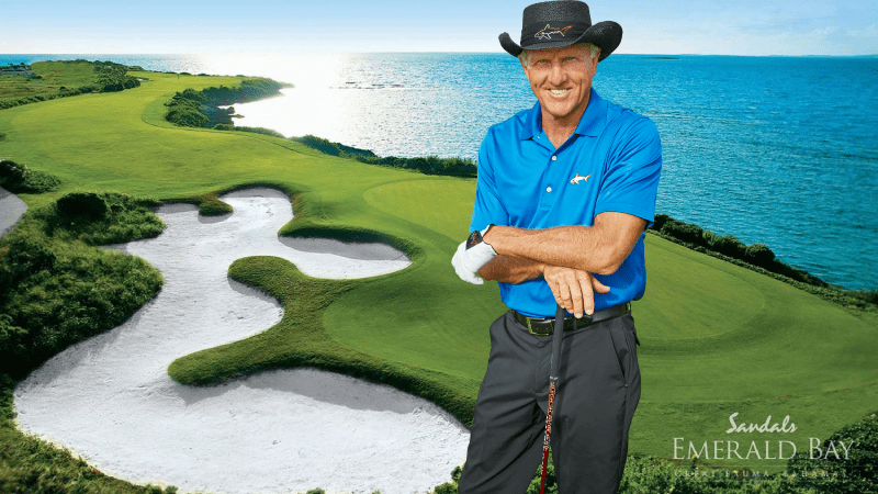 Golfer Greg Norman with Sandals Emerald Bay Golf Course, The Bahamas in the background