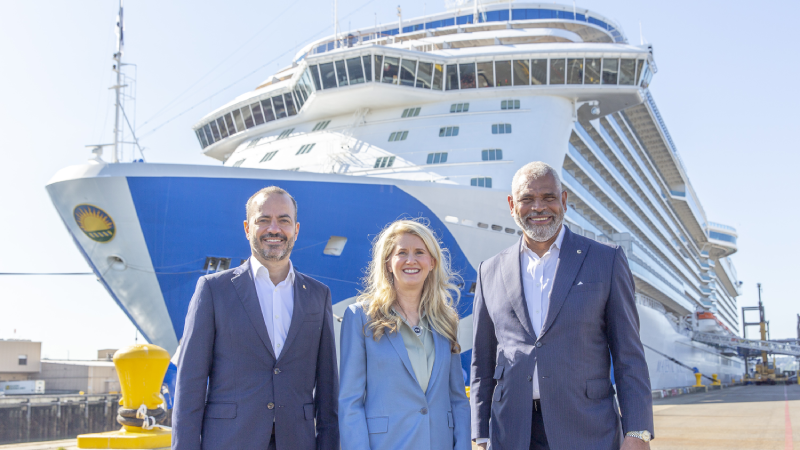 From left to right: Gus Antorcha, President of Holland America Line, Jan Swartz, Princess Cruises President and Arnold Donald, President & CEO Carnival Corporation & plc in front of Majestic Princess in the Port of Seattle