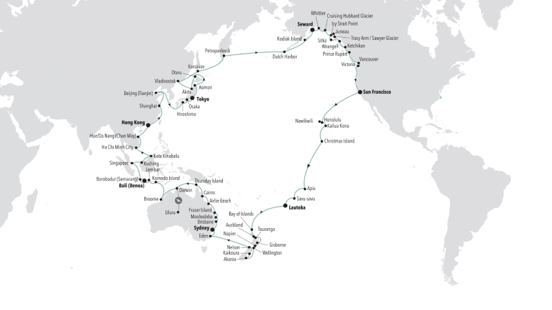 Destination map for SIlversea's 132-night 2023 World Cruise