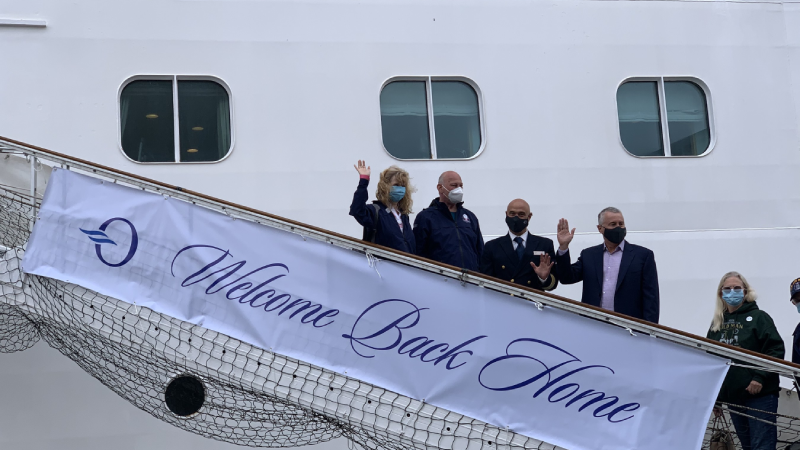A sign on Oceana Cruises' Marina said "Welcome Back Home" to guests after 18 months.