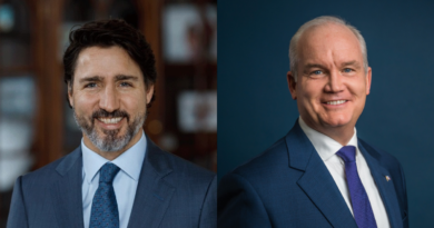 Justin Trudeau, Liberal Party leader (left); and Erin O'Toole, Conservative Party leader (right).