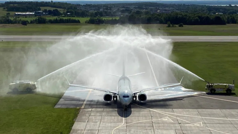 Flair Plane lands in Charlottetown, gets water truck salute