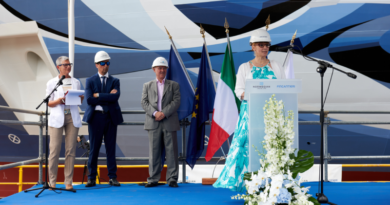 Tatiana Lazzarin, Head of Machinery Room Outfitting Technical Office of Fincantieri, was named the Shipyard Godmother during Norwegian Prima’s float out and coin ceremony on Aug. 11, 2021 at the Fincantieri shipyard in Marghera, Italy.