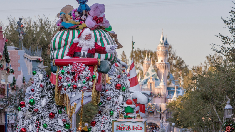 Santa on a float at Disneyland Resort for its holiday season street parades.