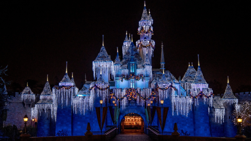 Sleeping Beauty's Winter Castle at Disneyland Resort lit up for its holiday celebrations.