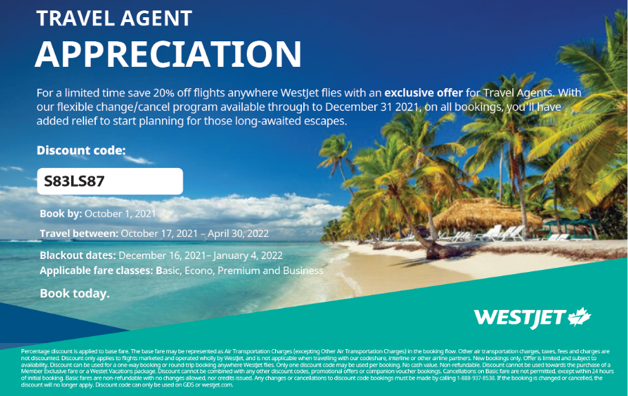 westjet travel agent rates 2022