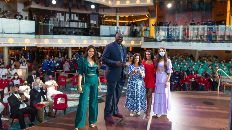 Left to right: Miss Universe, Andrea Meza; Carnival’s Chief Fun Officer Shaquille O’Neal; Carnival Cruise Line President Christine Duffy; Miss USA, Asya Branch; the ship’s Godmother Miss Universe, Dominican Republic, Kimberly Jimenez.