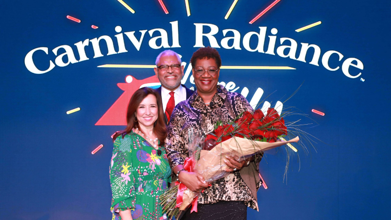 Left to right: Christine Duffy, president of Carnival Cruise Line; Arnold Donald, CEO Carnival Corp.; and Carnival Radiance Godmother Dr. Lucille O’Neal.