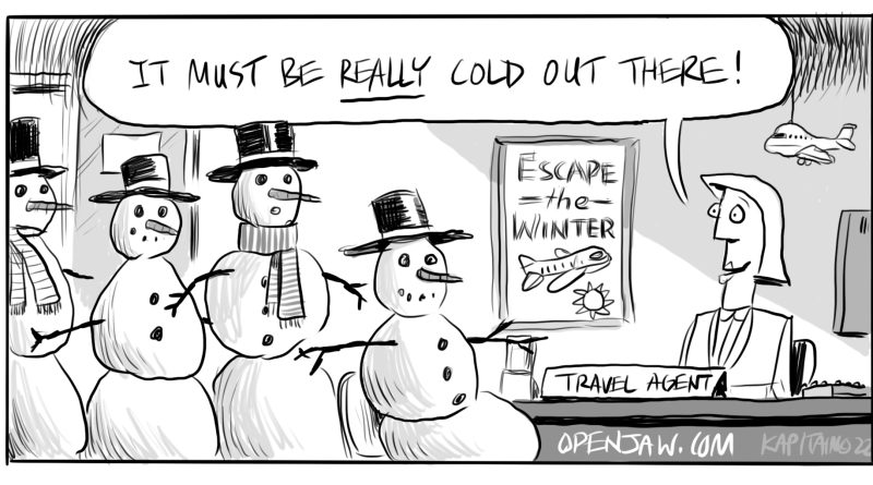 Cartoon featuring snowmen looking to book travel to get out of the cold
