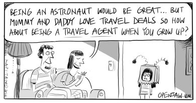 Cartoon about parents asking their child to be a travel agent when they grow up