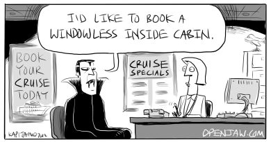 Cartoon about a vampire booking a windowless cabin on a cruise