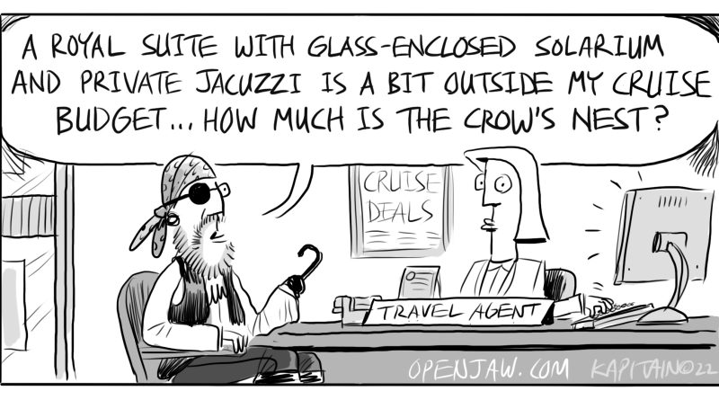Cartoon of a pirate booking a cabin on a cruise