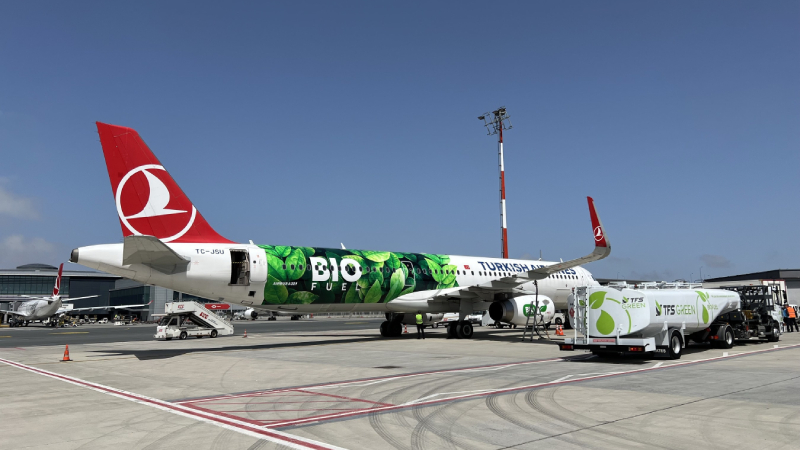 Turkish Airlines' Airbus 321 type TC-JSU aircraft using biofuel.
