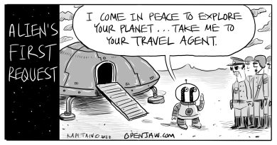 Cartoon of aliens looking to explore earth and searching for a travel agent