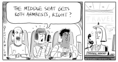 cartoon of an airplane passenger asking if the middle seat gets both arm rests