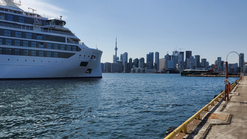 The Viking Octantis at its arrival at the Port of Toronto Cruise Ship Terminal, marking the return to Great Lakes Cruises after a two-year hiatus as the first of 40 cruise ships expected at the Port of Toronto in 2022.