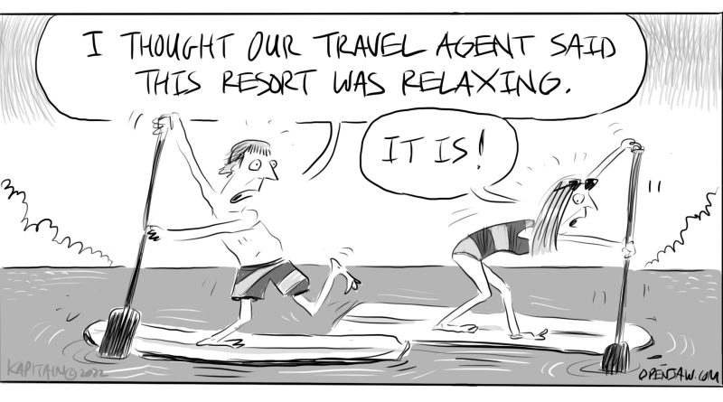 Cartoon about a couple paddle boarding on vacation with the husband questioning how relaxing the vacation is supposed to be