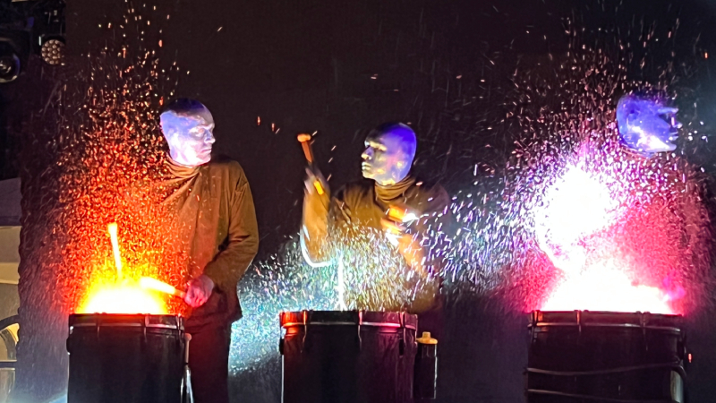Blue Man Group performs a high energy show at the grand opening