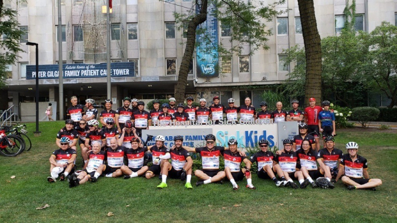 401 Bike Challenge participants outside of Toronto's Sick Kids Hospital.