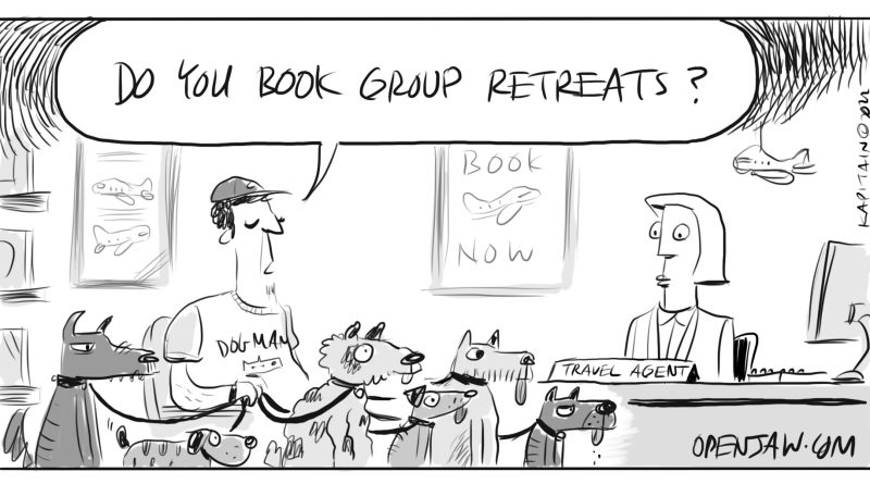 Cartoon: Man asks his travel agent about booking a group retreat for dogs