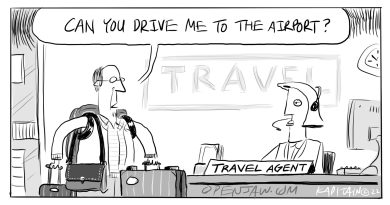 Cartoon - A client asks his travel agent if she can drive him to the airport