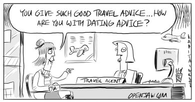cartoon about a client asking their travel agent for dating advice