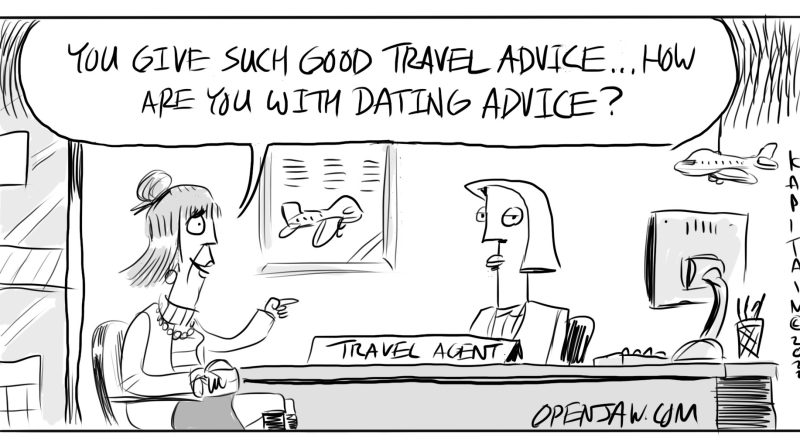 cartoon about a client asking their travel agent for dating advice