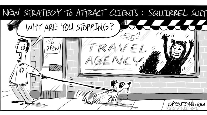 Cartoon of a travel agent in a squirrel suit trying to attract customers who are walking by with their dogs.