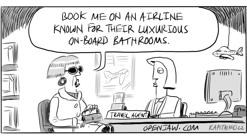 A client asking her travel agent for an airline with luxurious bathrooms
