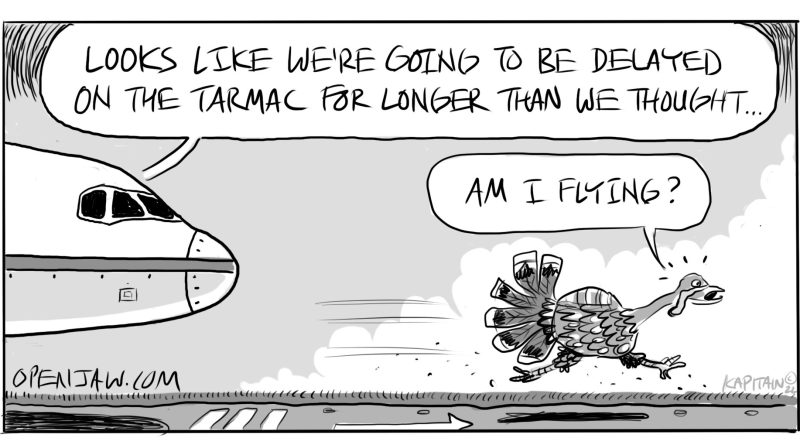cartoon of a turkey trying to take off on the runway