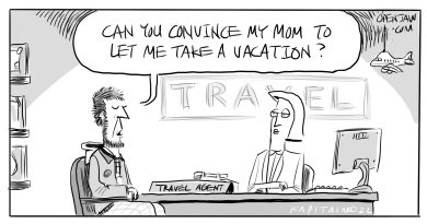 cartoon about a kid asking his travel agent to convince his mom to let him go on vacation