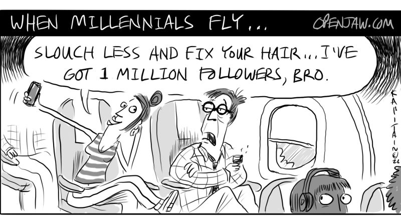 Cartoon of a millennial taking selfies during a flight