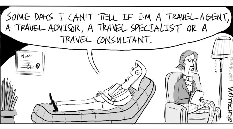 cartoon of a travel advisor in therapy