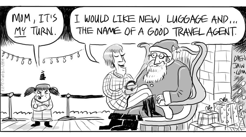 A mom sitting on Santa's lap asking for the name of a good Travel Agent