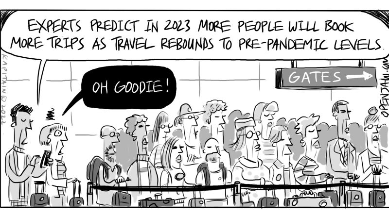 cartoon about people excited to travel in 2023 until they see the long line ups at the airport