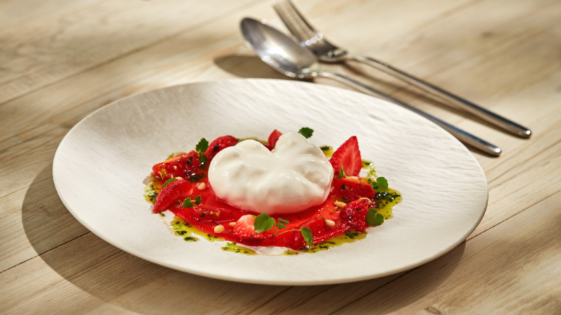 Explora Journeys' Med Yacht Club - Sweet caprese with cherry tomatoes, strawberries, burrata, pesto