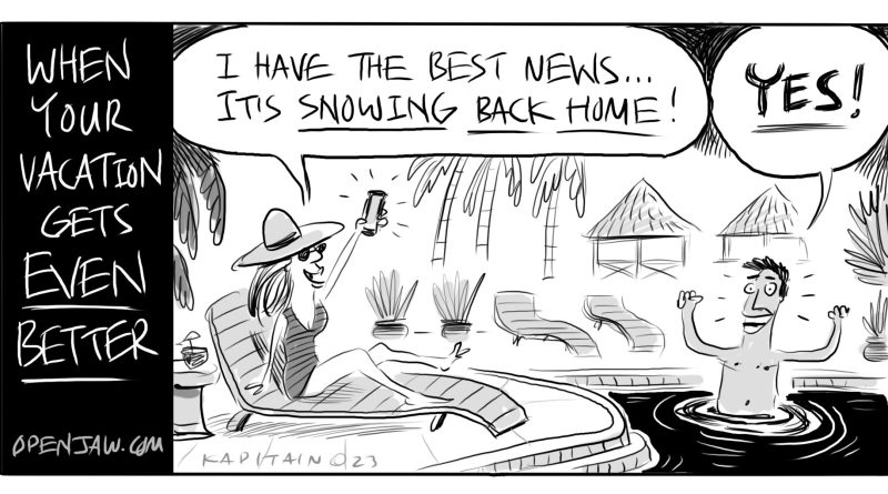 cartoon of a couple on vacation finding out it's snowing back home and happy that they are not there.