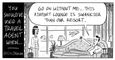 cartoon of a husband who tells his wife to vacation without him because he wants to stay in the airport lounge