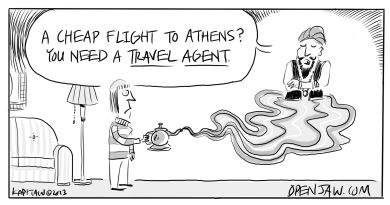 A person rubbing a genie lamp about going on vacation and the genie says they need to use a travel agent