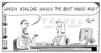A cartoon of a customer asking his travel agent which airlines serves better wine