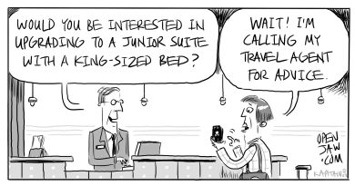 Cartoon of a guest being asked if they want a king-size bed and they say they need to check with their travel agent