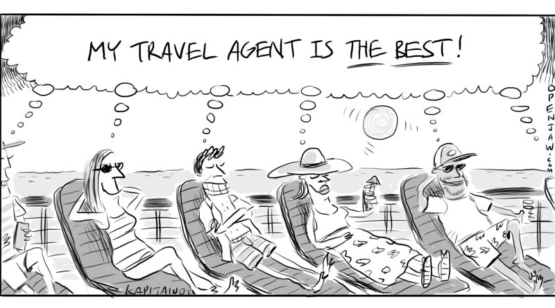 cartoon of people in lounge chairs on the beach saying hpw much they love their travel agent
