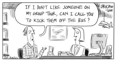 cartoon of a client asking his travel agent if she can kick someone off a group tour if he doesn't like them