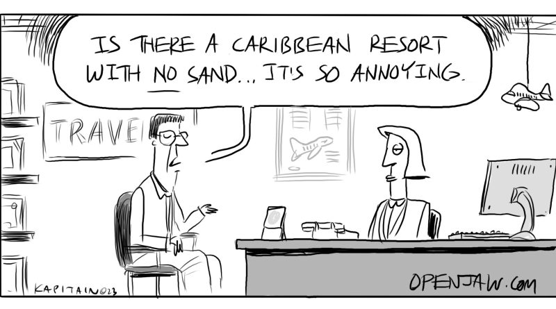 cartoon of a client asking their travel agent for a resort recommendation with no sand
