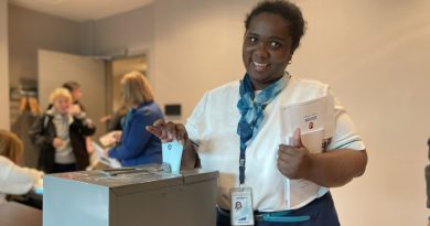 A Unifor WestJet YYZ member casts her ballot during the ratification vote for the unit's first contract with WestJet at the Sheraton Gateway Hotel in Toronto on 03MAY.