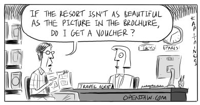 Cartoon - a client asking if they get a voucher should the resort not look as good as it did in the brochure
