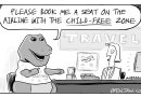 cartoon of Barney the dinosaur asking for a seat in a kid-free zone