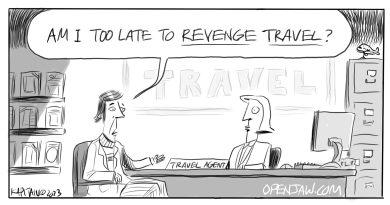 cartoon of a client asking his travel agent if it's too late to revenge travel